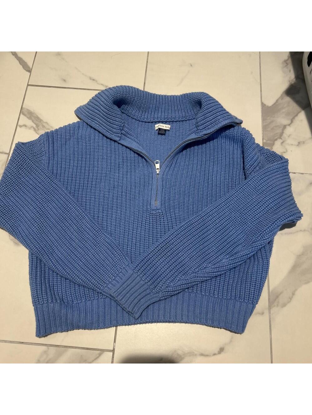 American Eagle Women’s Sz M Quarter Zip Cotton Knit Cropped Pullover Mock Neck